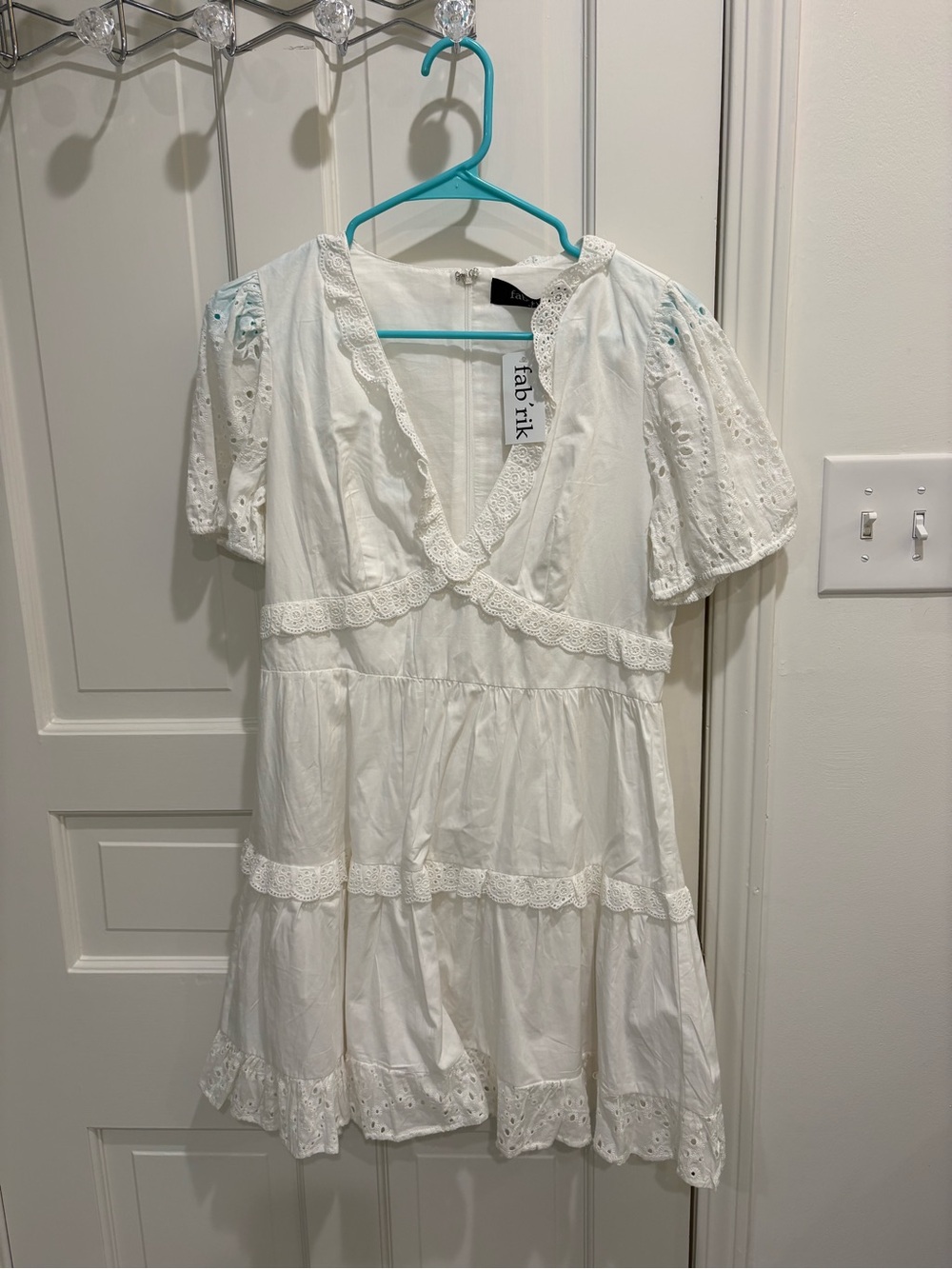 fab'rik White Eyelet Tiered Girls Dress with Lace Trim